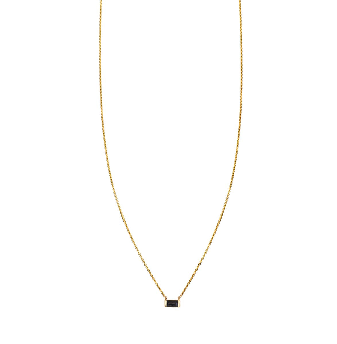 2mm emerald-cut black diamond necklace in 14k gold on a delicate chain, handcrafted in NYC.