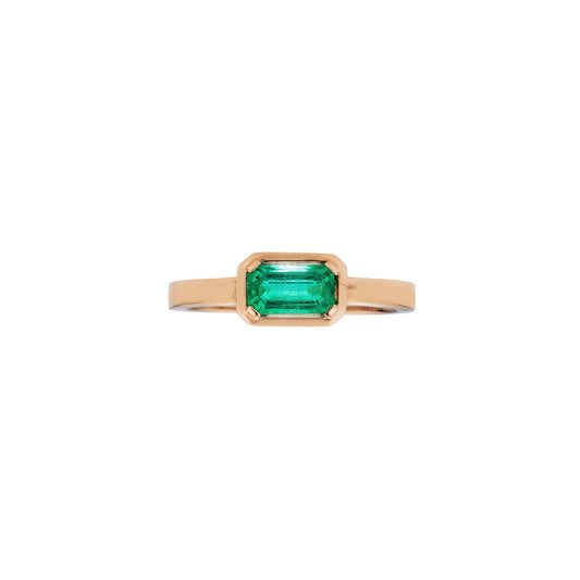 Emerald-cut gold bezel ring with 0.5ct emerald set in 14k yellow gold, vivid green gemstone, minimalist elegant design