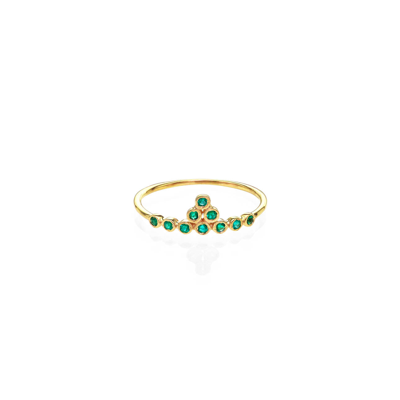 Emerald gold tiara ring with ten round emeralds by Phoenix Roze; available in yellow, white, or rose gold
