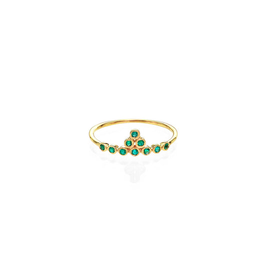 Emerald gold tiara ring with ten round emeralds by Phoenix Roze; available in yellow, white, or rose gold