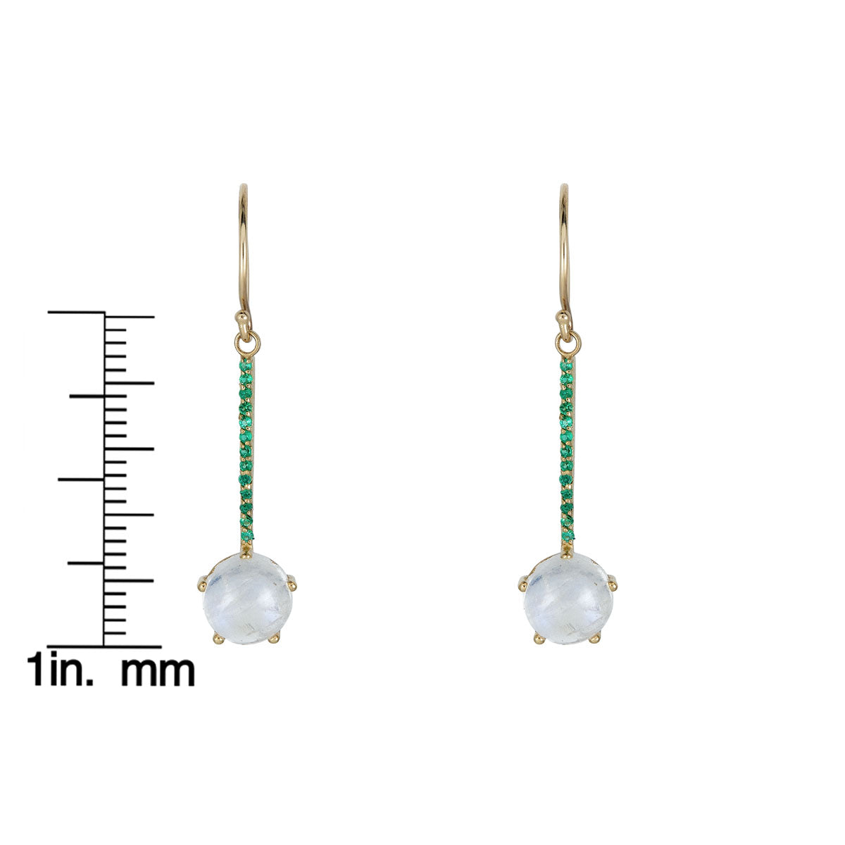 Emerald and moonstone pendulum earrings shown with scale measurement for size reference by Phoenix Roze