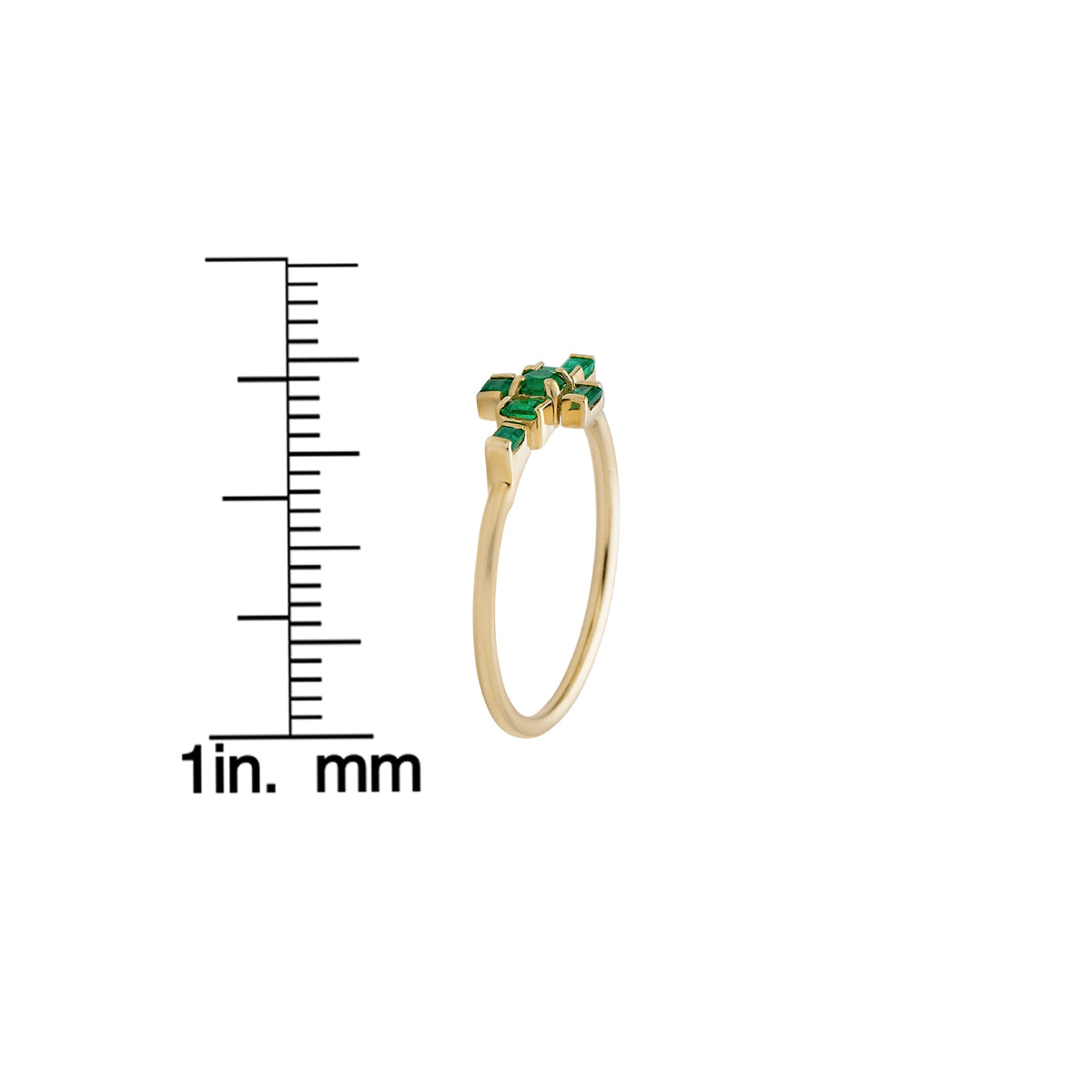 Phoenix Roze emerald plus sign ring in gold, vivid green emeralds add a modern, meaningful pop of color