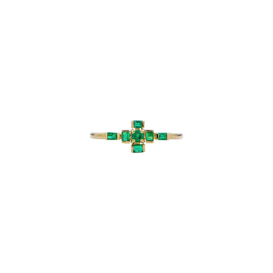 Handmade solid gold emerald plus sign ring with seven mixed-cut emeralds, available in yellow, white, or rose gold.