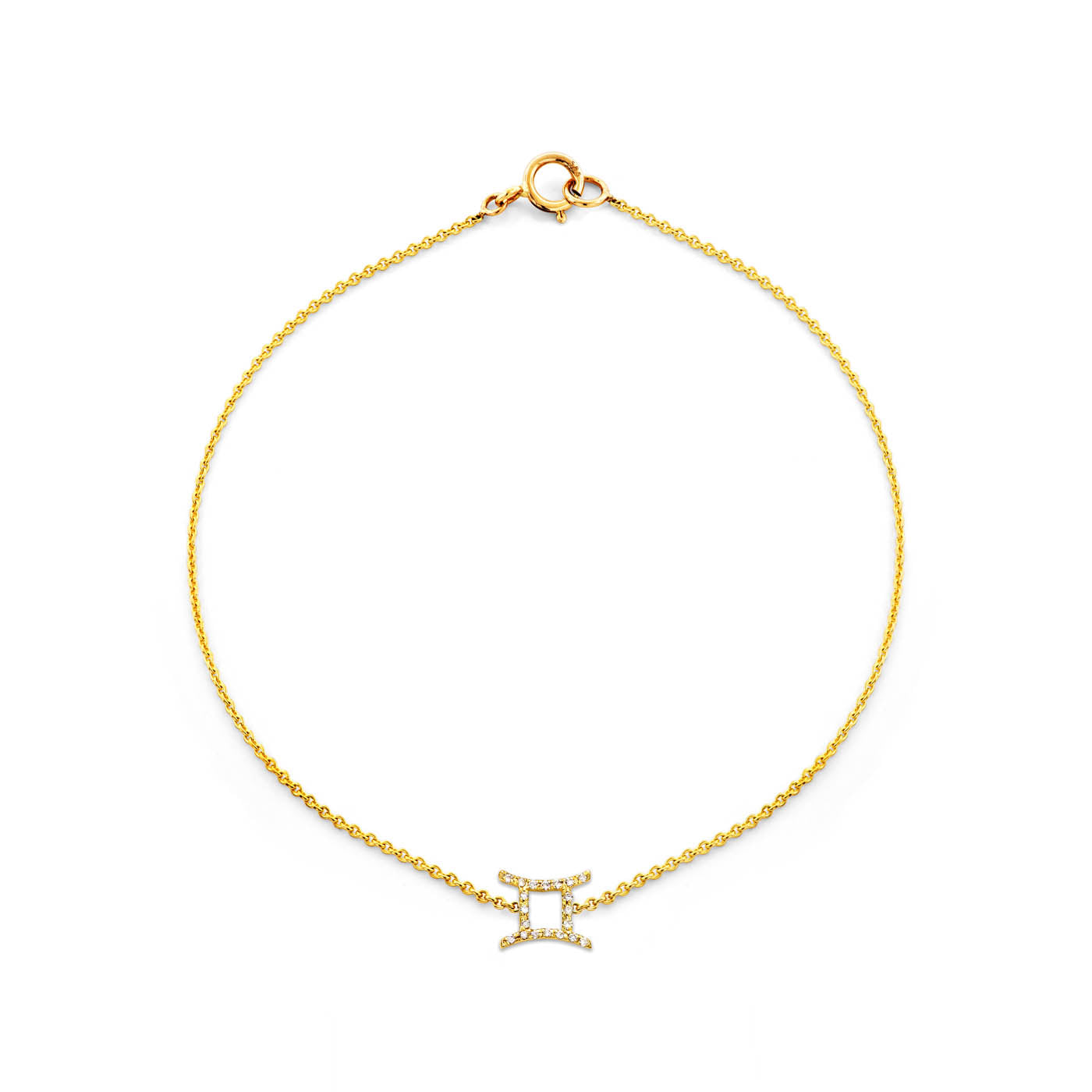 Gemini diamond zodiac bracelet in gold with twins glyph pendant, delicate 7mm charm, fits 6.75-inch wrist by Phoenix Roze