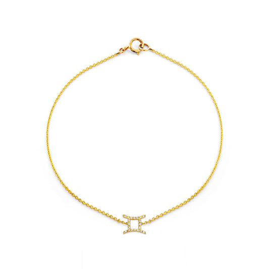 Gemini diamond zodiac bracelet in gold with twins glyph pendant, delicate 7mm charm, fits 6.75-inch wrist by Phoenix Roze