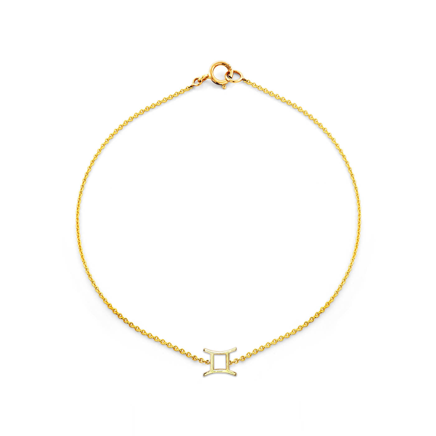 Phoenix Roze Gemini gold zodiac bracelet with twins glyph pendant, delicate constellation-inspired solid gold