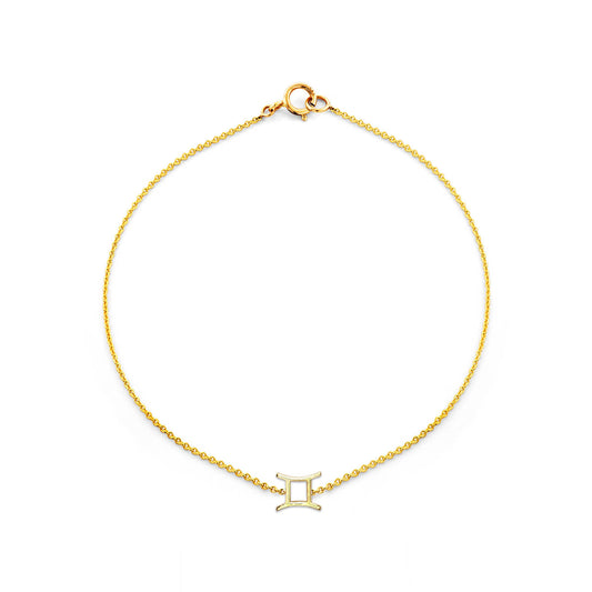 Phoenix Roze Gemini gold zodiac bracelet with twins glyph pendant, delicate constellation-inspired solid gold