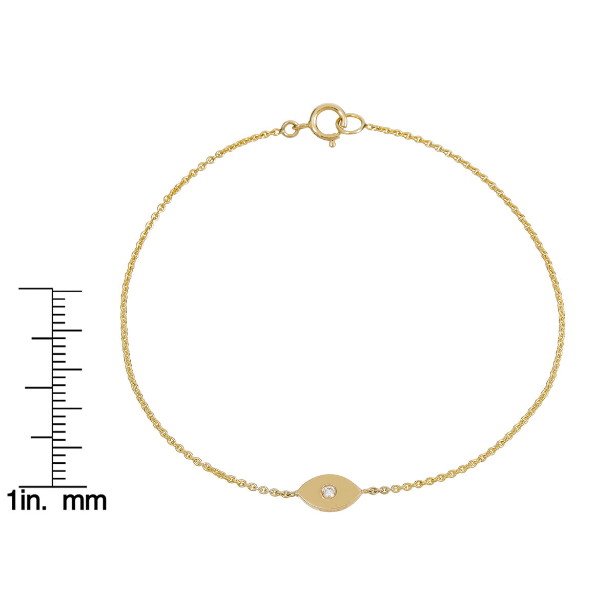 Gold and diamond evil eye bracelet size guide—delicate chain with sparkling pavé eye charm by Phoenix Roze