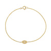 Solid 14k gold and diamond evil eye bracelet—delicate talisman with 1/2-inch pendant, solitaire diamond, stackable.