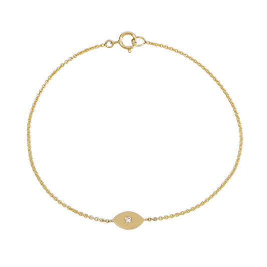 Solid 14k gold and diamond evil eye bracelet—delicate talisman with 1/2-inch pendant, solitaire diamond, stackable.