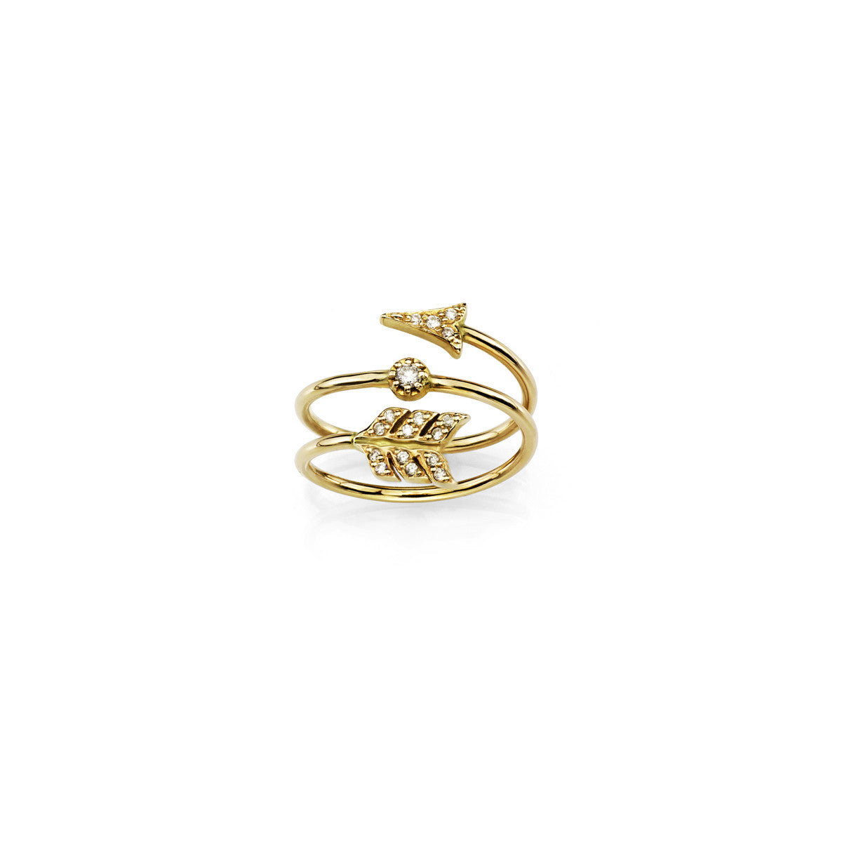 Charming Arrow Gold Ring with White Diamonds, 14K yellow gold women's wrap design, handcrafted in NYC