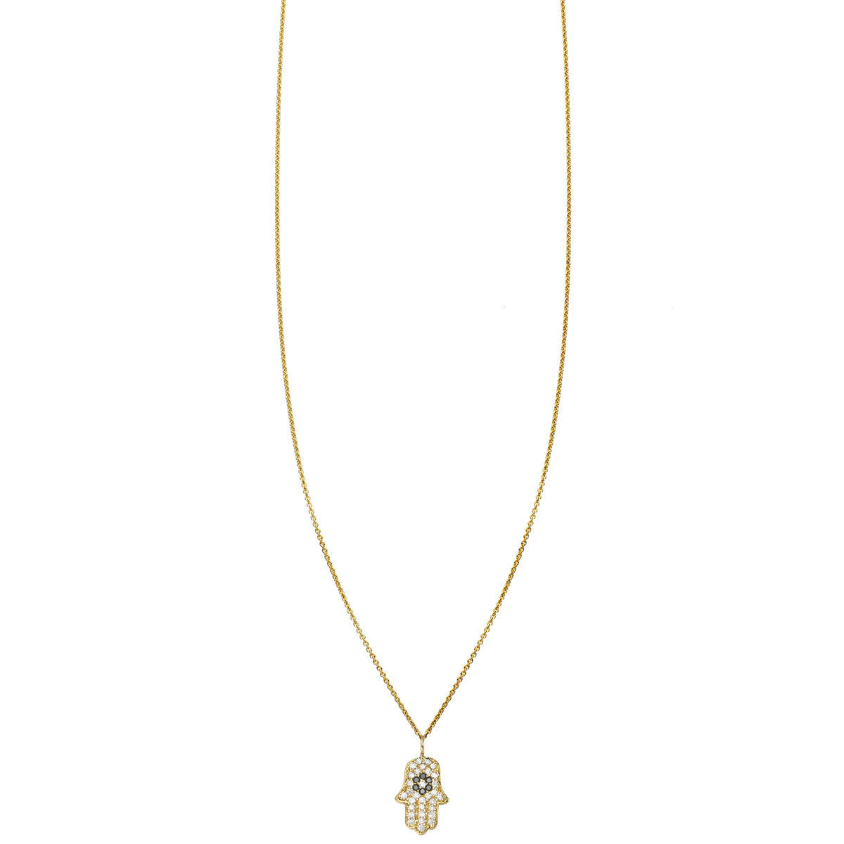 14K gold diamond Hamsa hand necklace with white and black diamonds, protective talisman, handcrafted in NYC studio