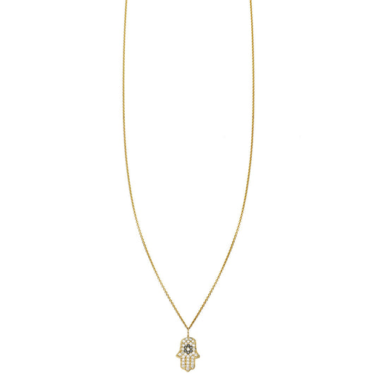 14K gold diamond Hamsa hand necklace with white and black diamonds, protective talisman, handcrafted in NYC studio