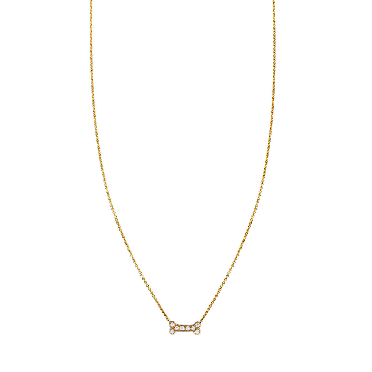 14k gold pavé diamond dog bone necklace, 10mm pendant, perfect for dog lovers; available in white, yellow or rose gold.