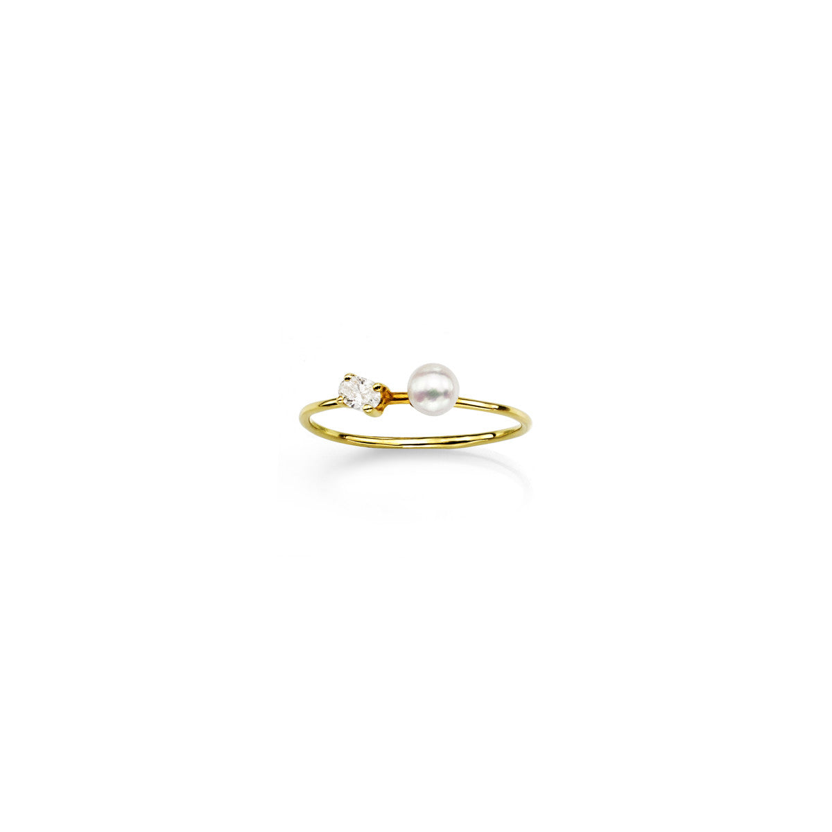 18K gold diamond and pearl ring, luminous center pearl with two delicate diamonds, quiet luxury handcrafted in NYC