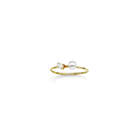 18K gold diamond and pearl ring, luminous center pearl with two delicate diamonds, quiet luxury handcrafted in NYC