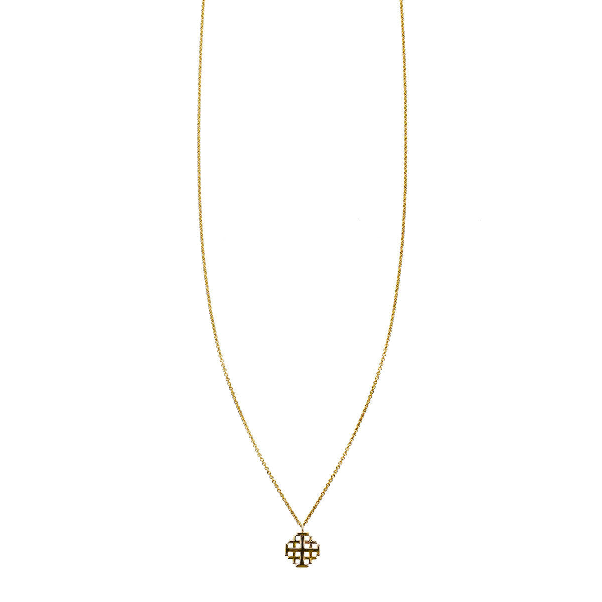 Gold Jerusalem Cross necklace in solid 14k gold, minimalist charm pendant on fine chain, handcrafted in New York City