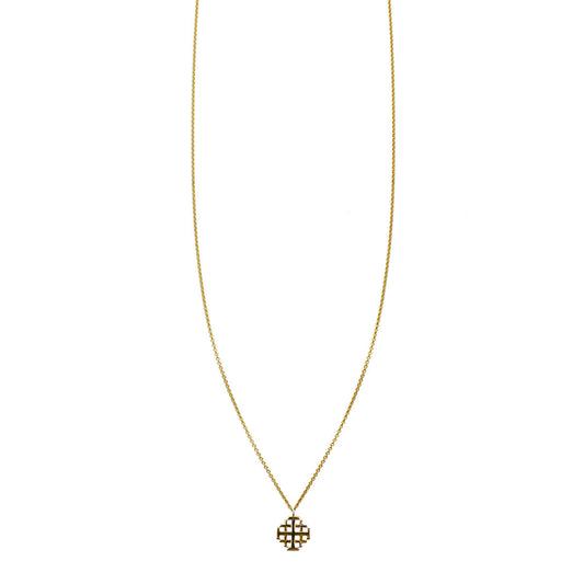 Gold Jerusalem Cross necklace in solid 14k gold, minimalist charm pendant on fine chain, handcrafted in New York City