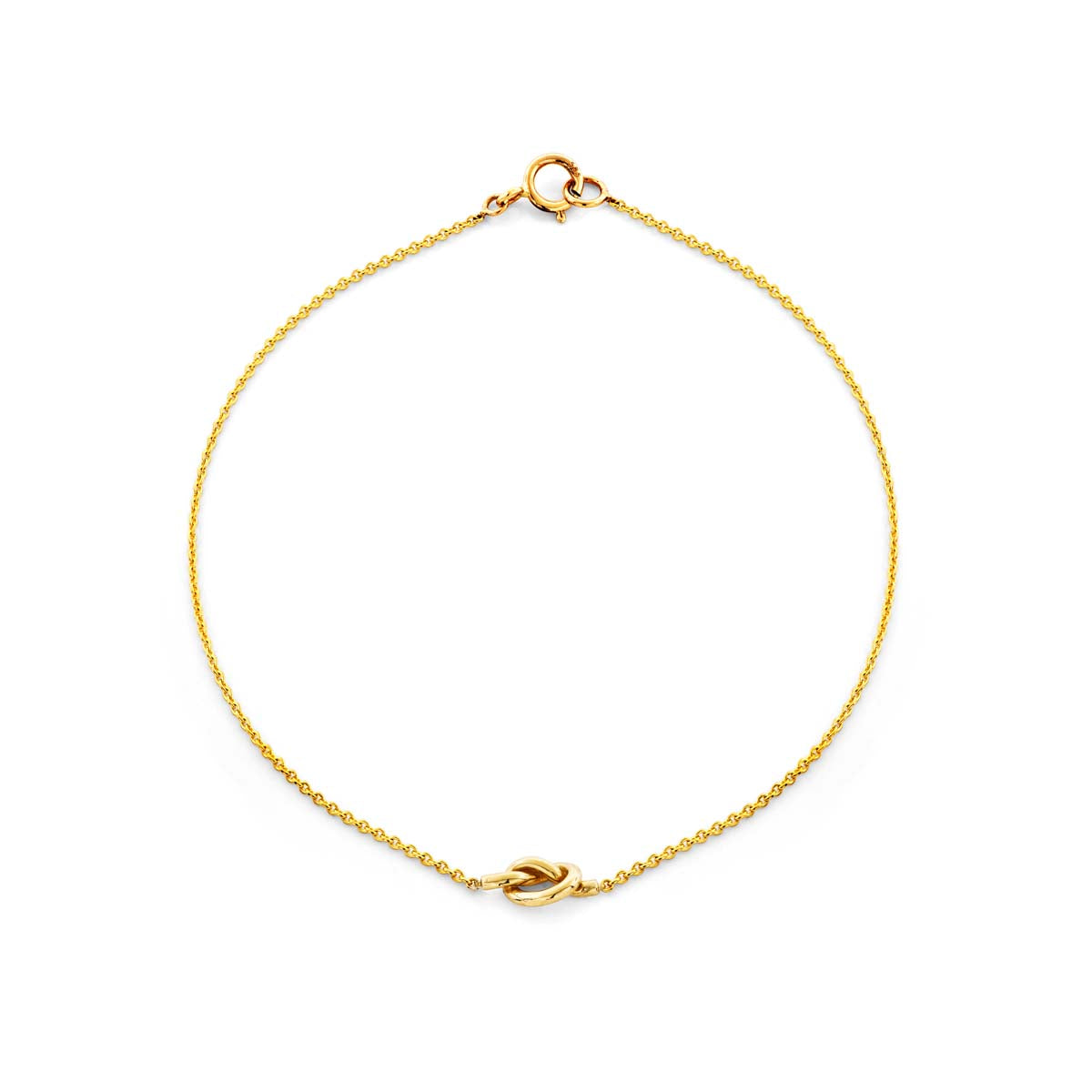 Solid 14k gold Love Knot bracelet symbolizing eternal love, 7mm width, 6.75-inch length, handcrafted in NYC