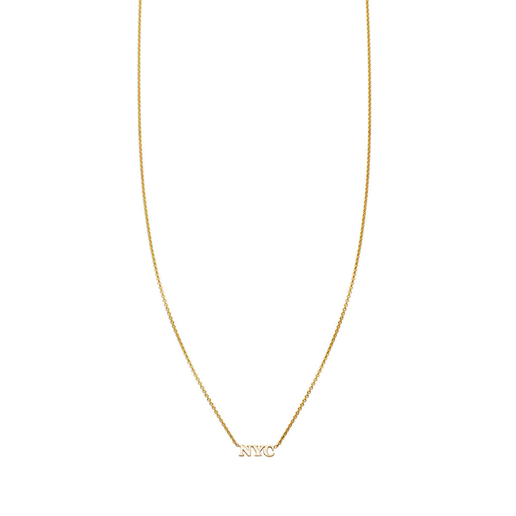 14k yellow gold NYC initials pendant necklace, handcrafted in New York City