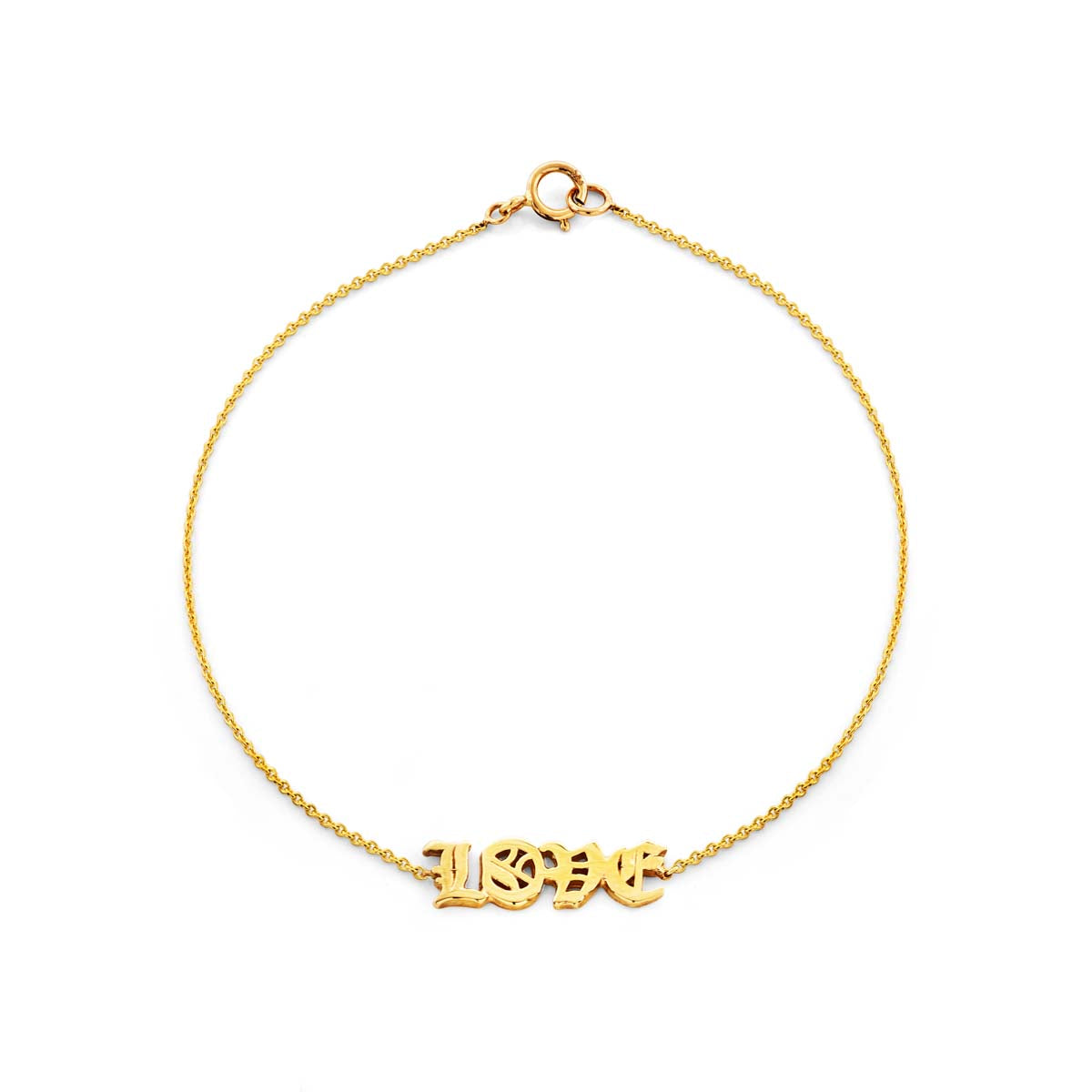 14k gold Old English 'Love' bracelet, handcrafted in NYC with modern script, 6.75-inch chain