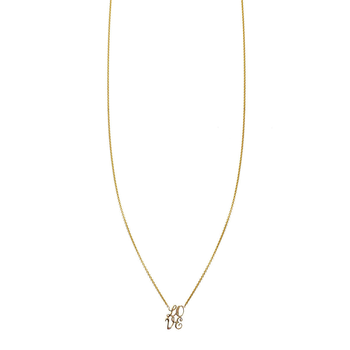 Gold Handwritten LOVE Necklace in solid 14k gold—delicate cursive Love charm on fine chain, handcrafted NYC.