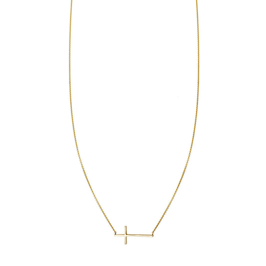 14k gold sideways cross necklace symbolizing balance, polished finish on delicate chain, handcrafted in NYC