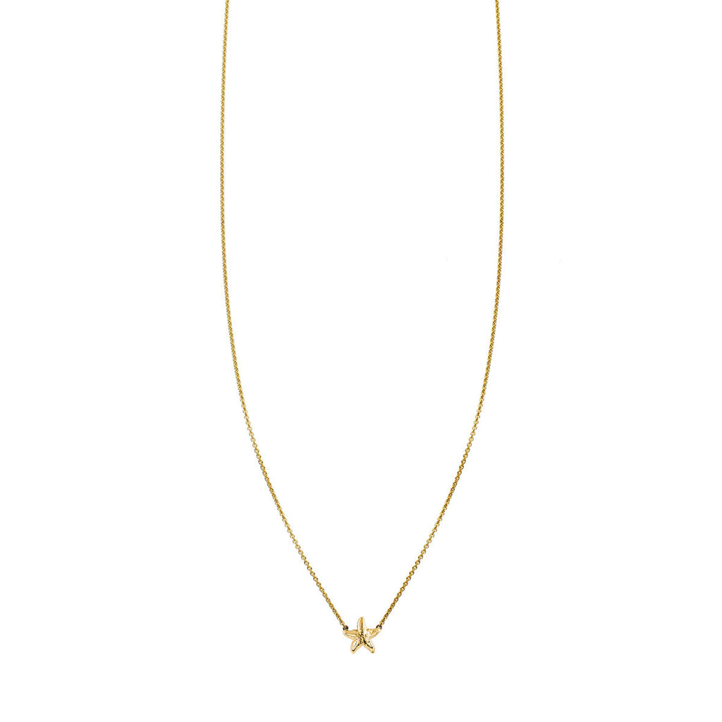 Solid 14k gold starfish charm necklace on a delicate chain, beach-inspired handmade jewelry by Phoenix Roze NYC