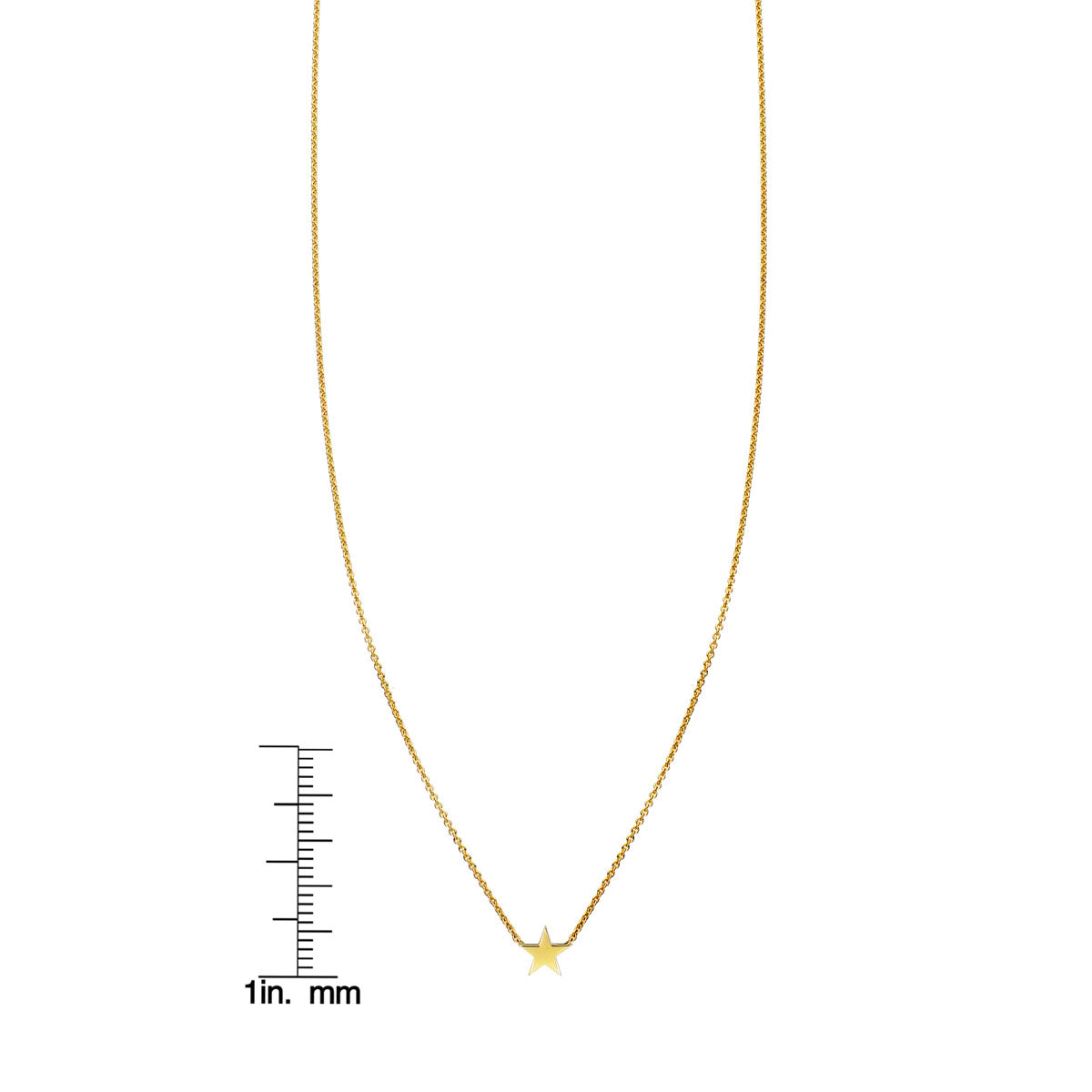 Gold star necklace with scale measurement for size reference by Phoenix Roze
