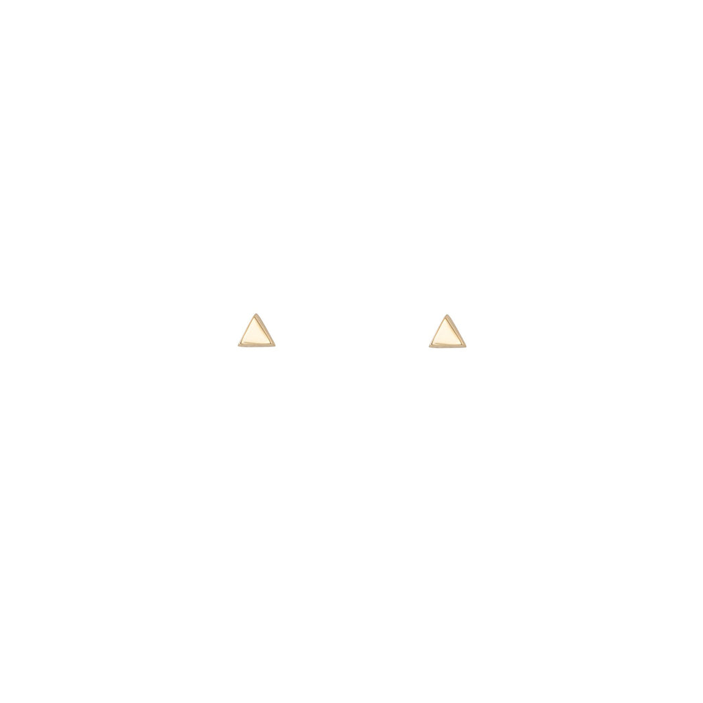 Gold triangle stud earrings in 14k yellow, white, or rose gold, minimalist geometric studs symbolizing strength and balance