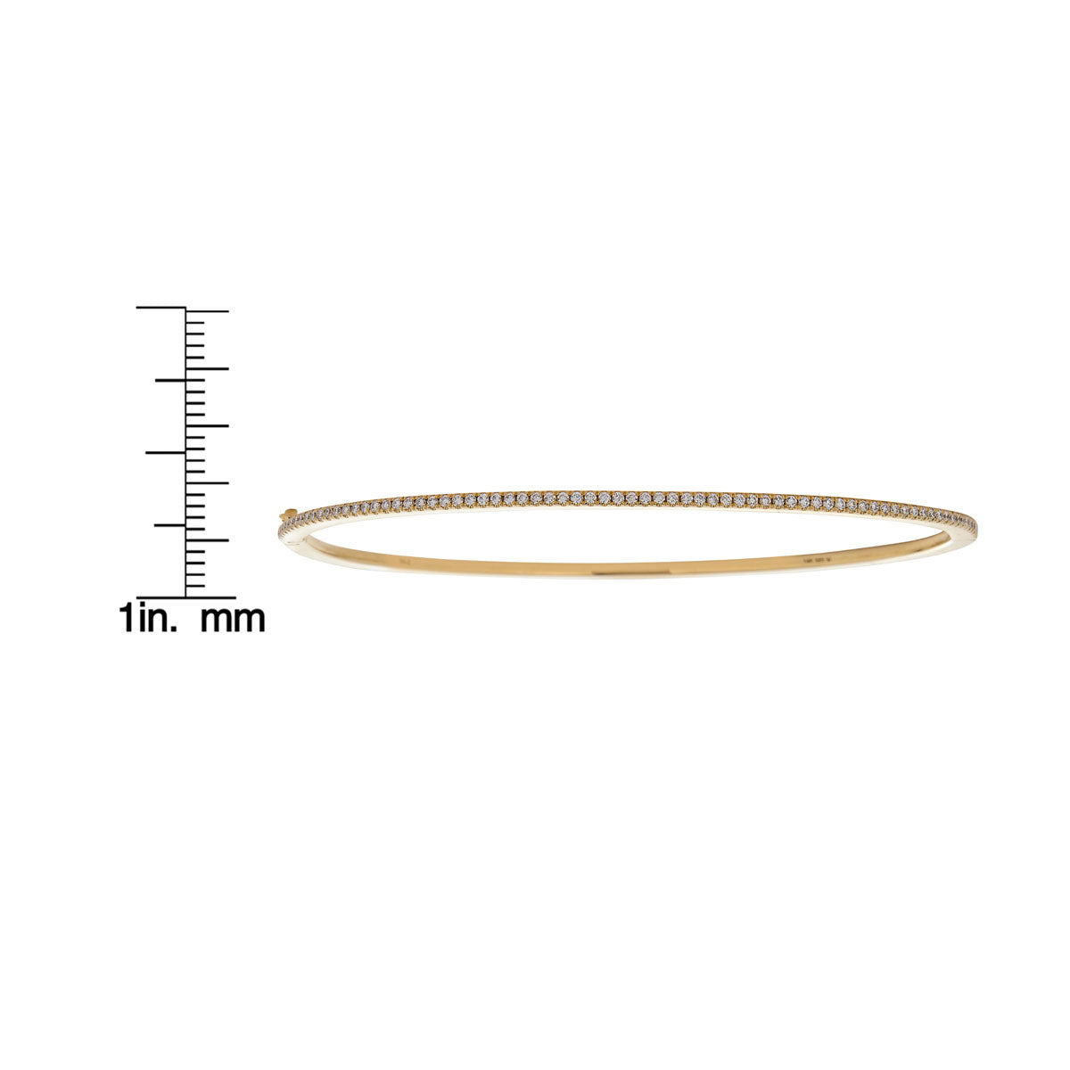 Gold white diamond bangle bracelet, sleek cuff with sparkling diamonds shown to illustrate size and fit