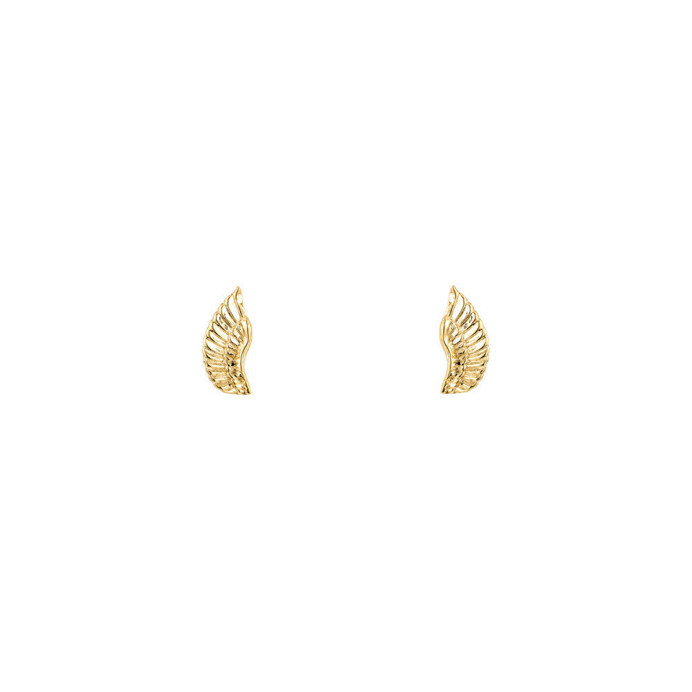 14K gold angel wing stud earrings - delicate feather detail, lightweight comfort, handcrafted in NYC