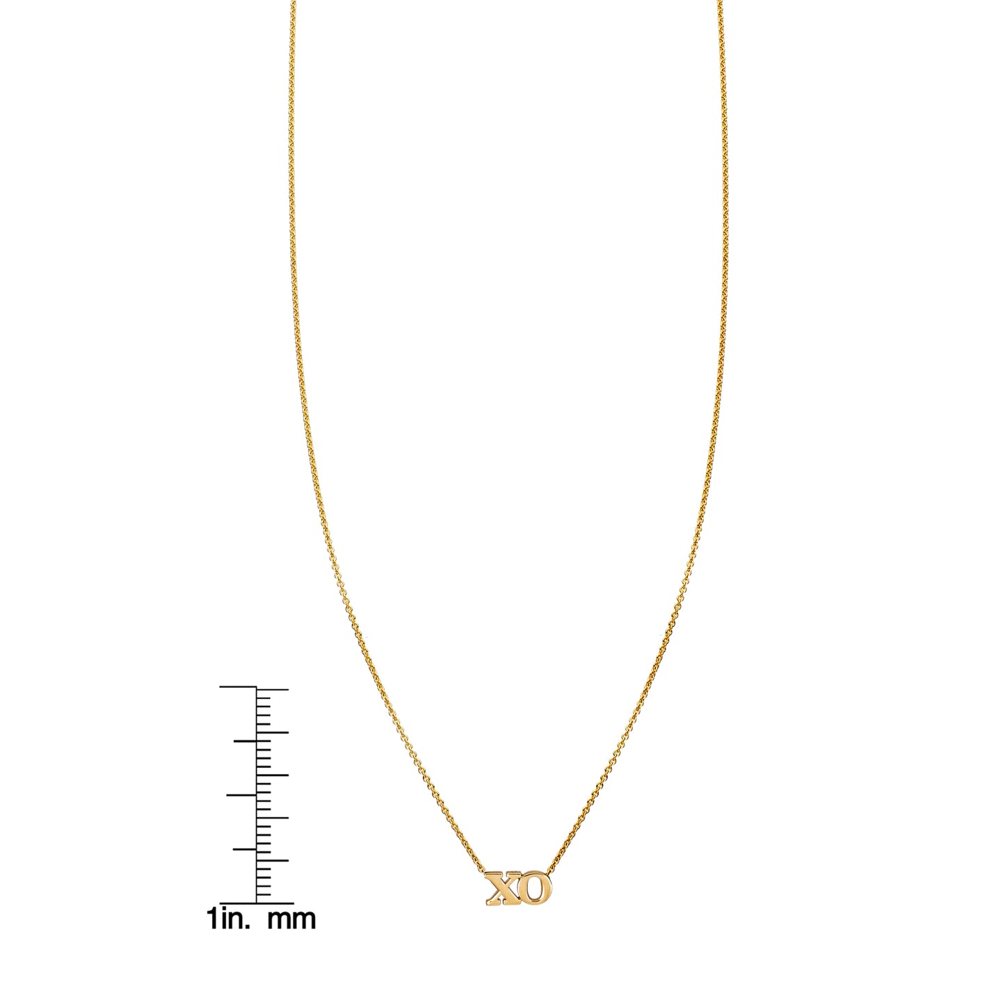 Phoenix Roze gold XO pendant necklace with ruler for scale