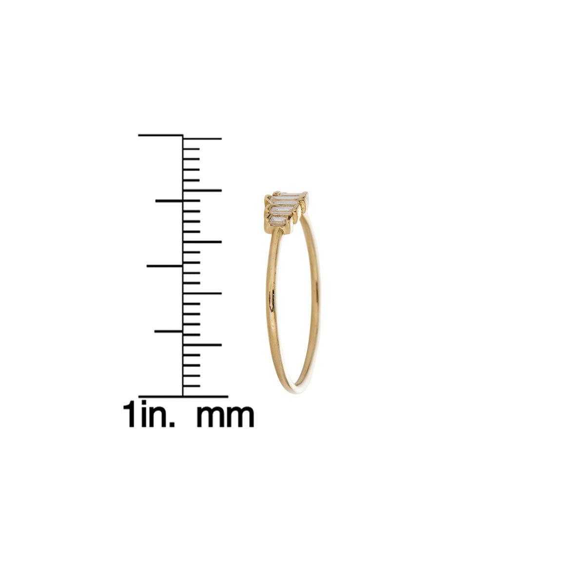 Graduated diamond baguette gold ring side view with measurement guide - Phoenix Roze