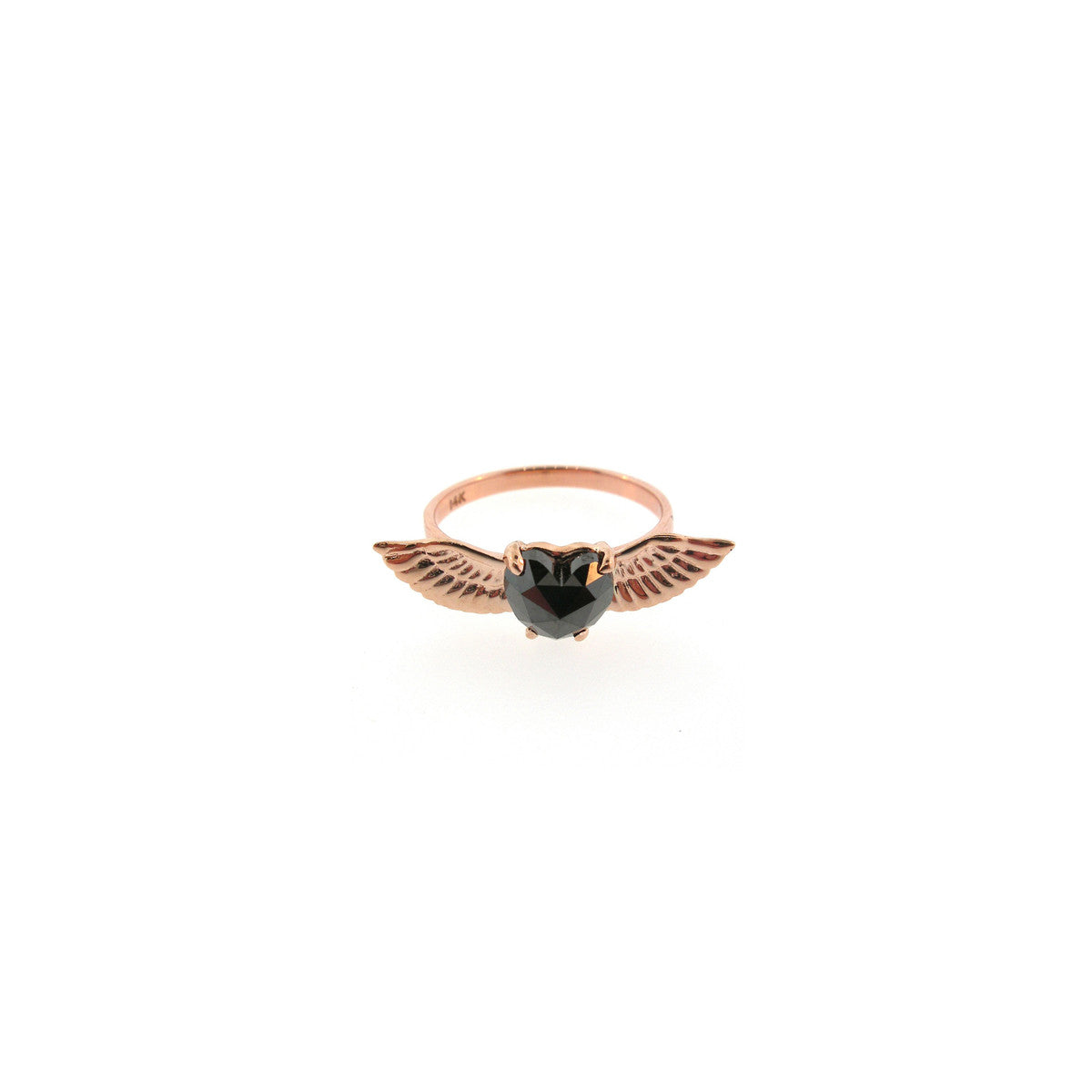 14k pink gold Guardian Angel Wings ring with 1.2ct rose-cut black diamond; also in yellow and white gold