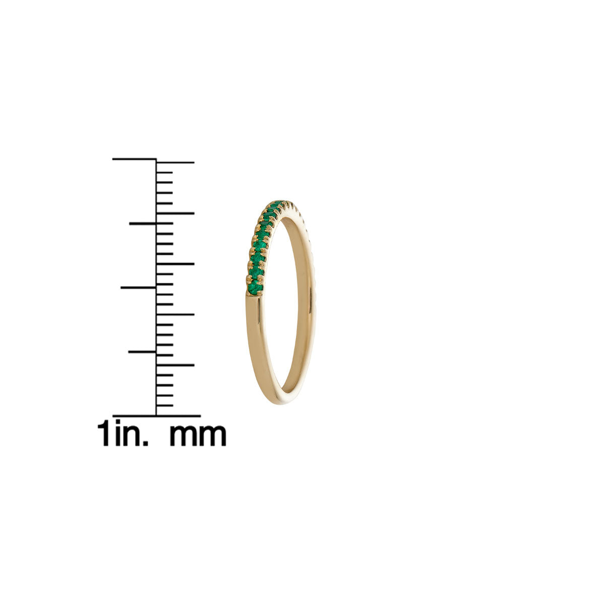 Half eternity emerald gold band, side view with measurement details, slim yellow gold ring with green baguette stones