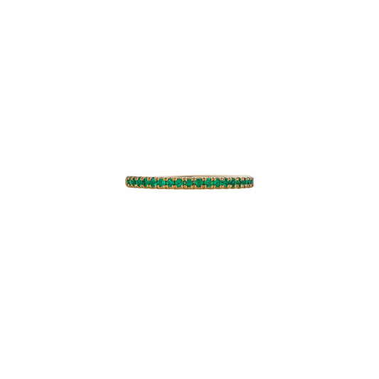 14K gold half eternity band with emeralds, vivid green stones in a slim, stackable ring