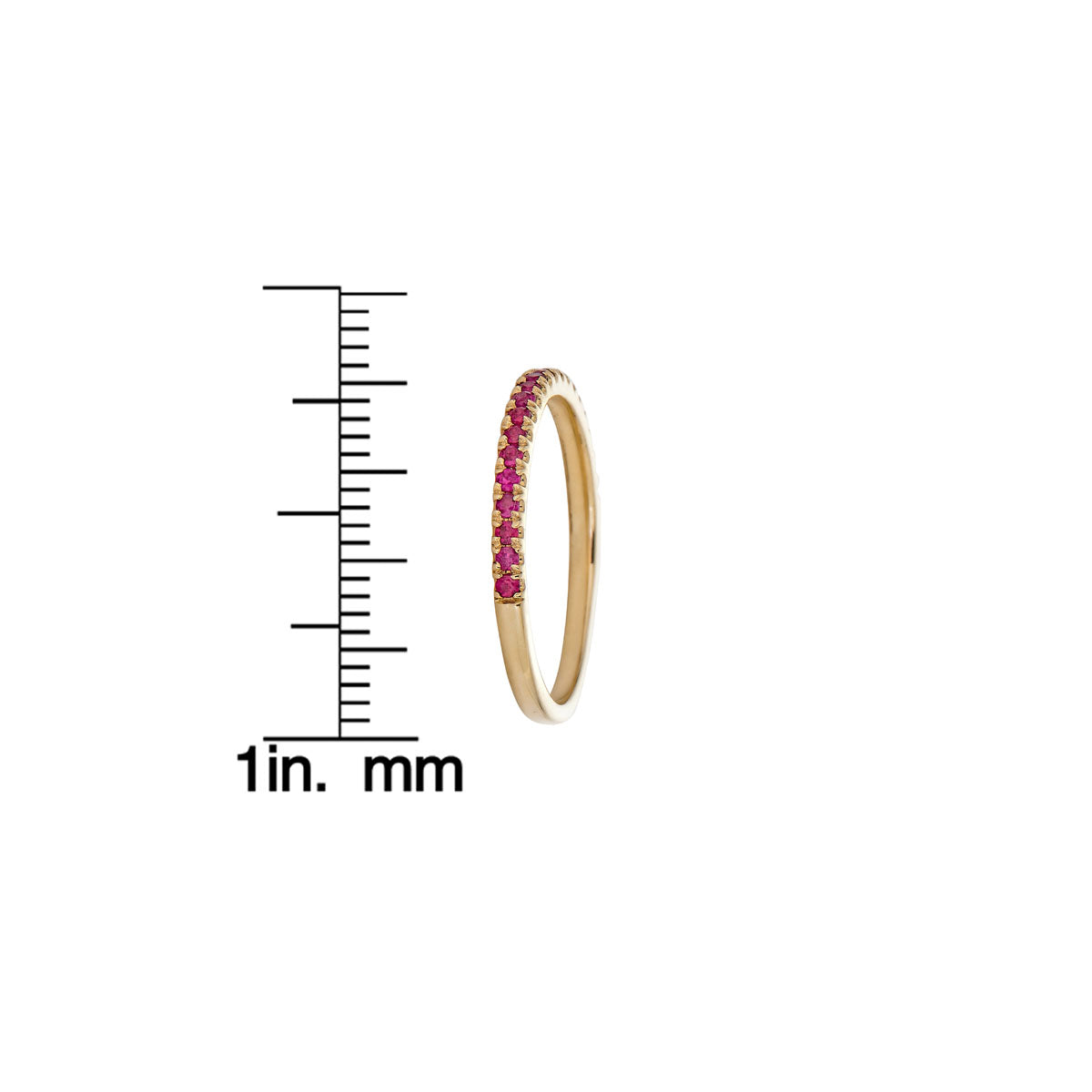 Half eternity ruby gold band side view with measurements, slim 14k ring for stacking or wedding, brilliant red gemstones.