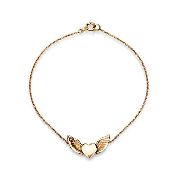 Solid 14k gold puffed heart and angel wings charm bracelet, handcrafted in NYC; 6.75 in, yellow, white or rose gold