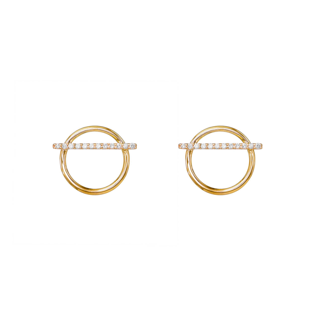 Phoenix Roze horizontal diamond pave bar hoops in gold with 16mm bar, .24 ct white diamonds, flat against earlobe