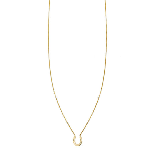 Dainty 14k gold horseshoe charm necklace, lucky talisman for daily wear, handcrafted in NYC, perfect for layering.