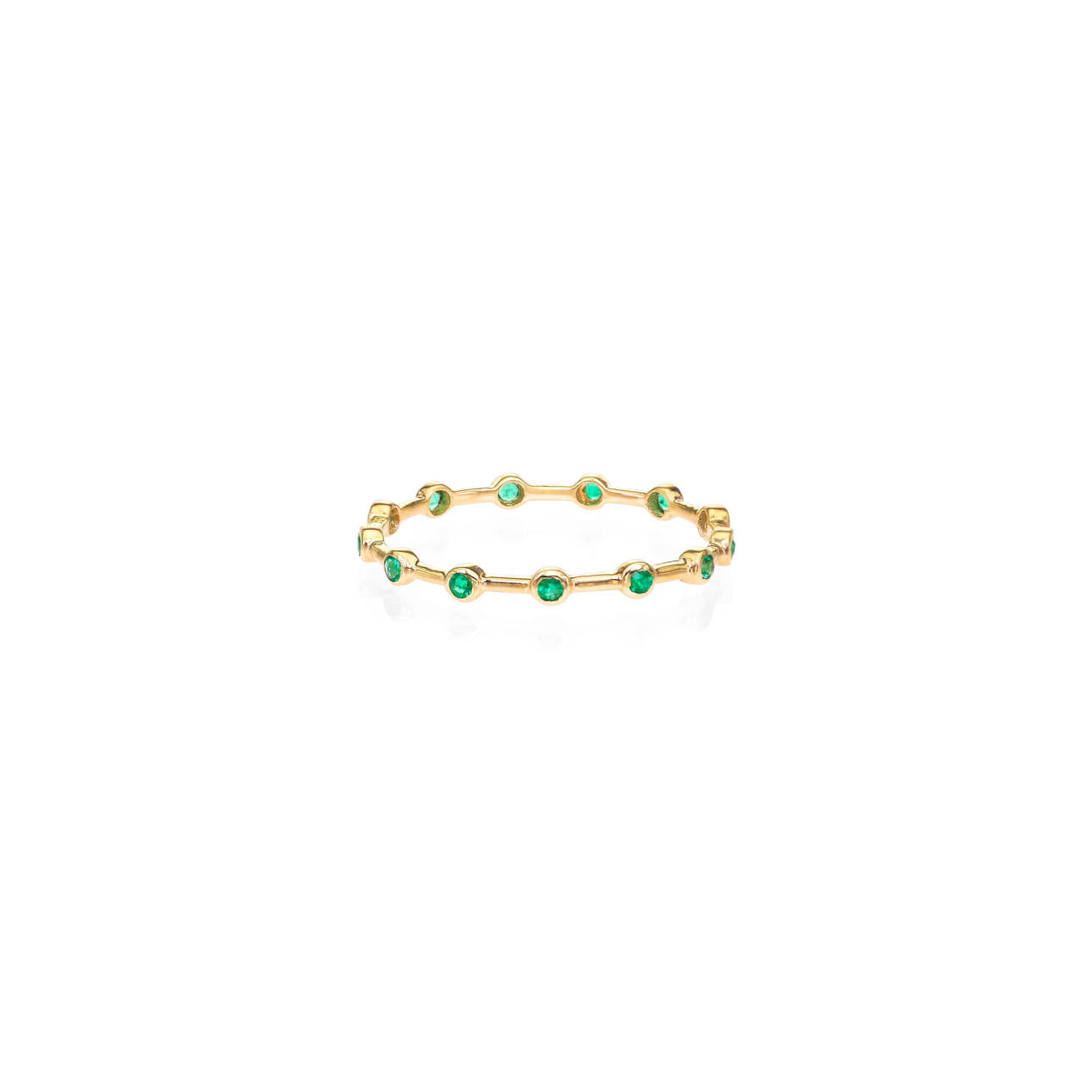 14k gold Infinity emerald halo band ring with 13 round emeralds, delicate 1.2mm stacking band in yellow, white, or rose gold