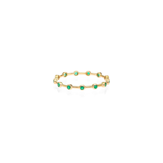 14k gold Infinity emerald halo band ring with 13 round emeralds, delicate 1.2mm stacking band in yellow, white, or rose gold