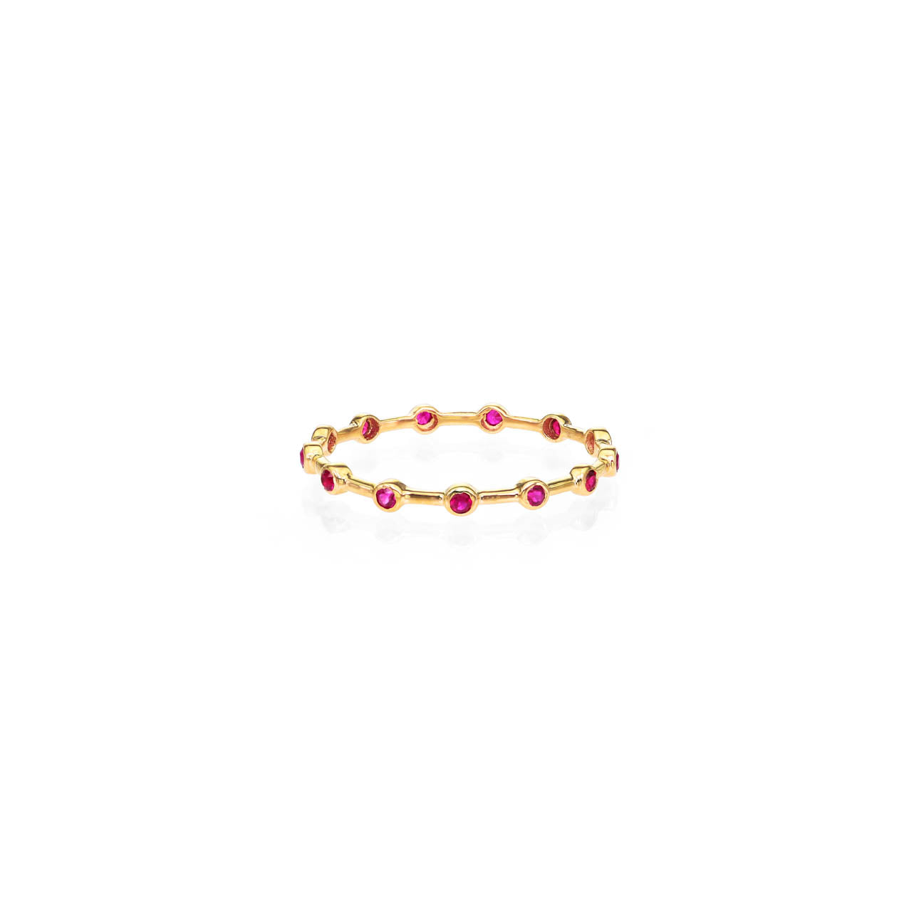 Infinity ruby halo band in 14k gold—delicate 1.2mm stackable ring with 13 rubies, in rose, white, or yellow gold.