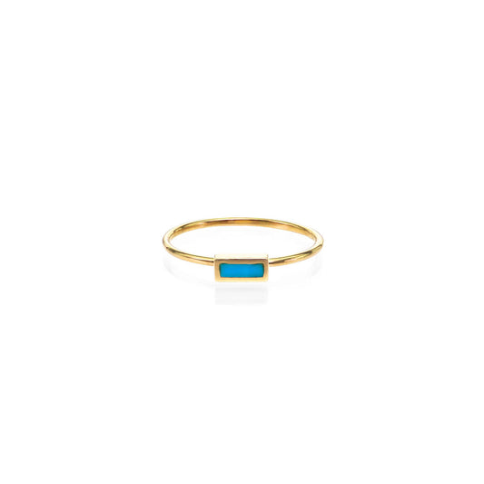 Inlayed turquoise rectangle ring on a delicate 1.2mm gold band, available in rose, white, or yellow gold