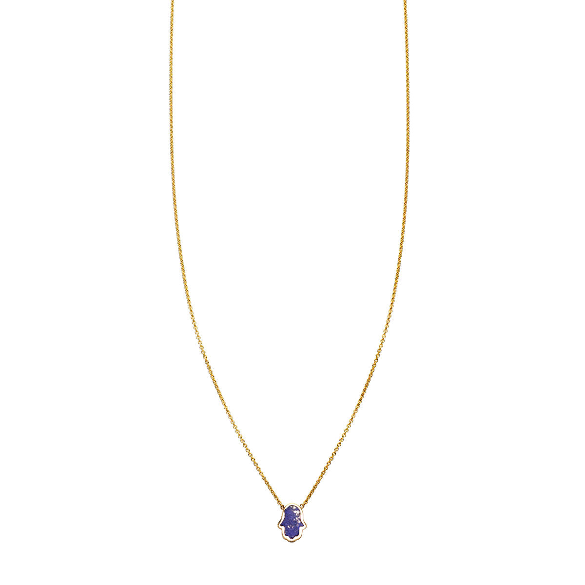 14k gold Hamsa hand necklace with lapis lazuli center, 7mm tiny pendant, handcrafted in NYC by Phoenix Roze