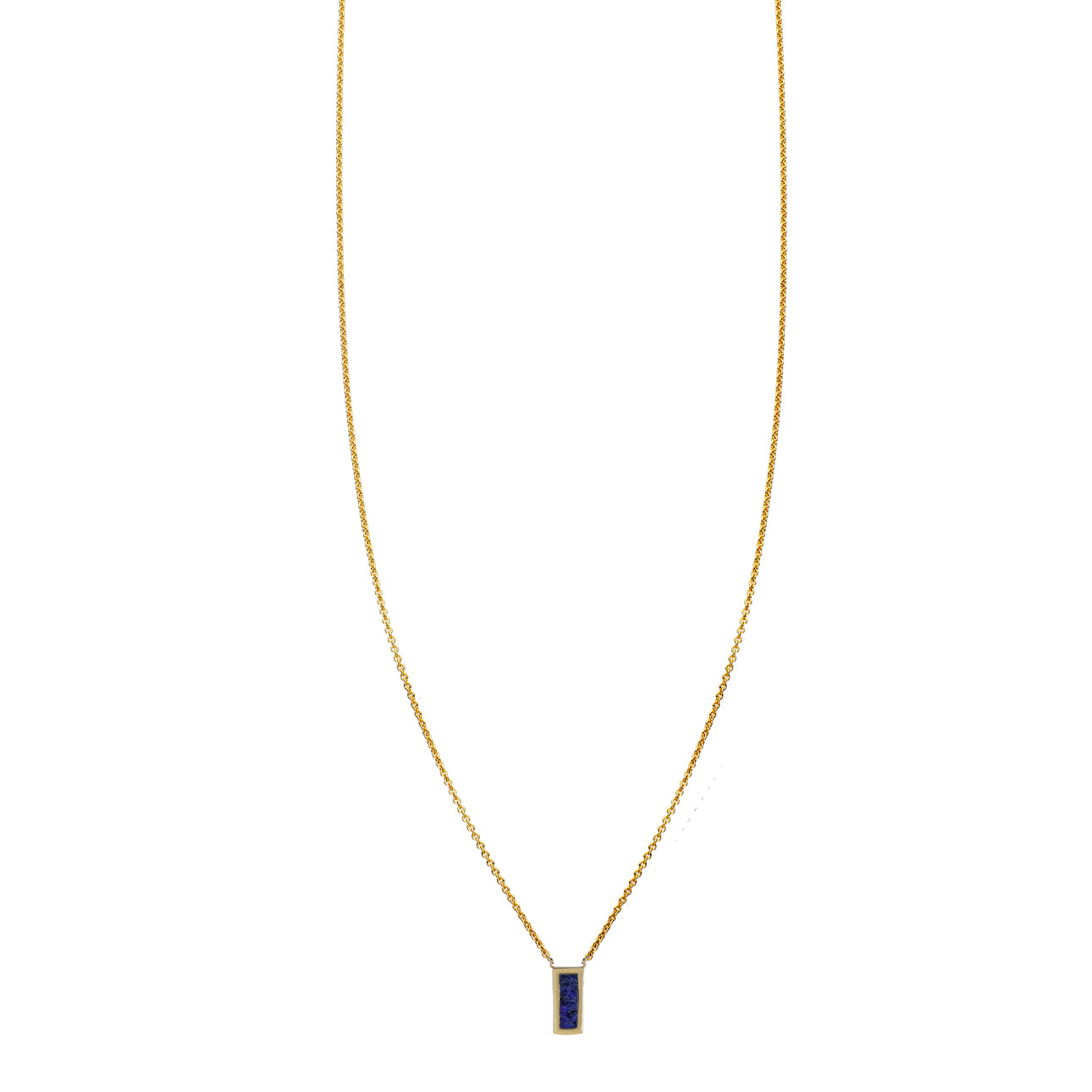 Lapis lazuli inlaid tiny tag necklace in 14k yellow, white, or rose gold; delicate blue gemstone accent.