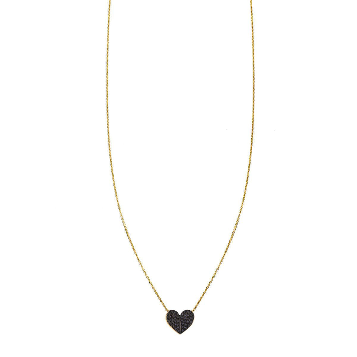 Large folded heart necklace set with black diamonds in 14k yellow, white or rose gold, 6mm 3D pendant, handcrafted in NYC.