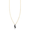 Large 20mm black diamond lightning bolt pendant on simple 14k gold chain, sleek and striking necklace.