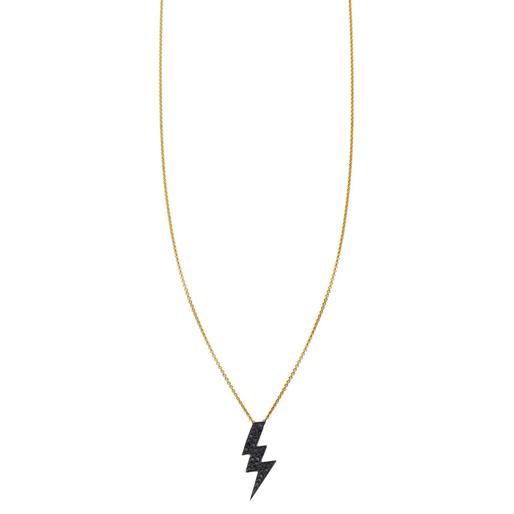 Large 20mm black diamond lightning bolt pendant on simple 14k gold chain, sleek and striking necklace.